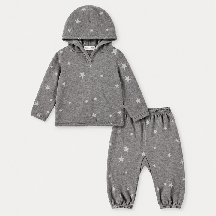 PAIGELAUREN Fleece Star Oversized Hoodie and Baggy Pant Set in Dark Gray