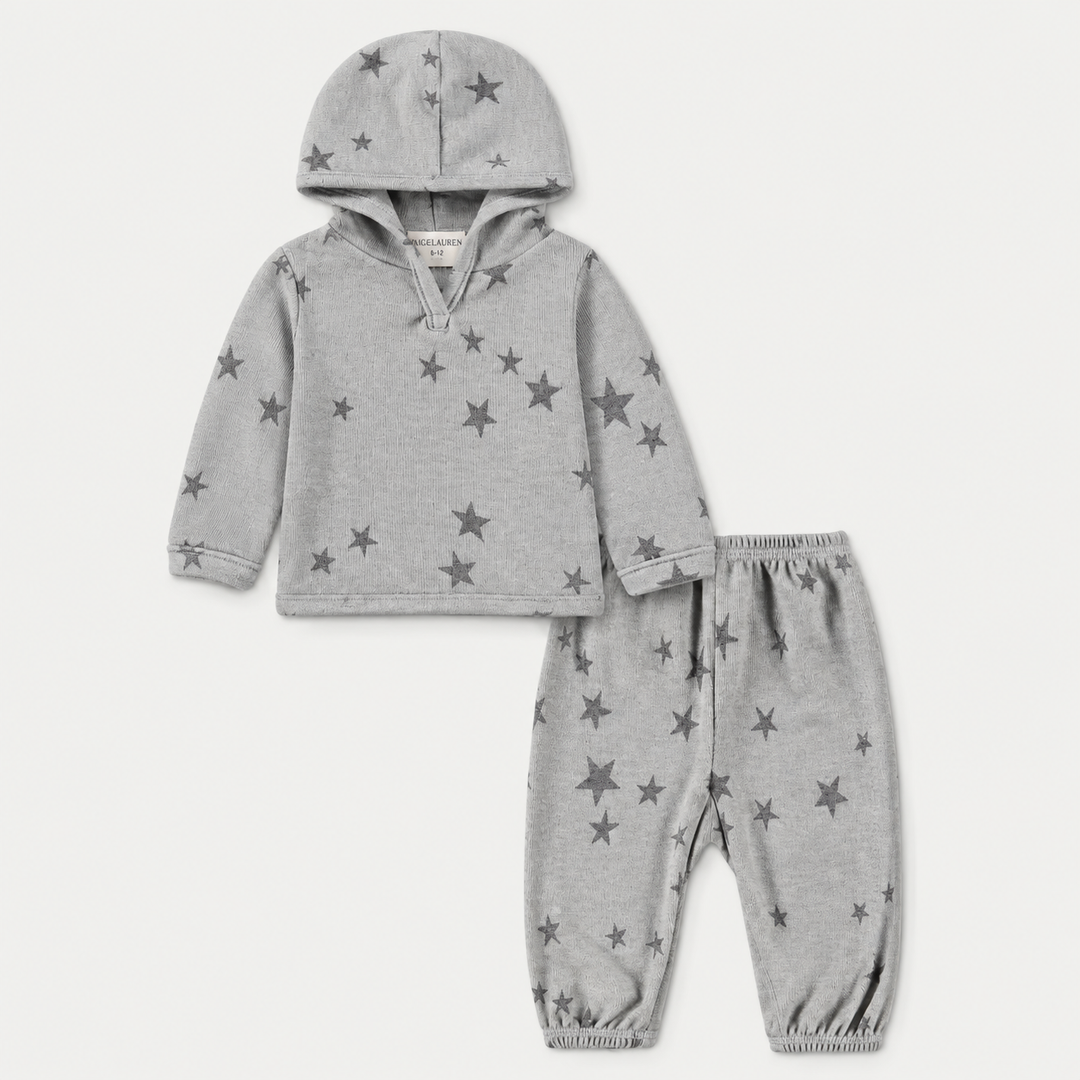PAIGELAUREN Fleece Star Oversized Hoodie and Baggy Pant Set in Light Gray