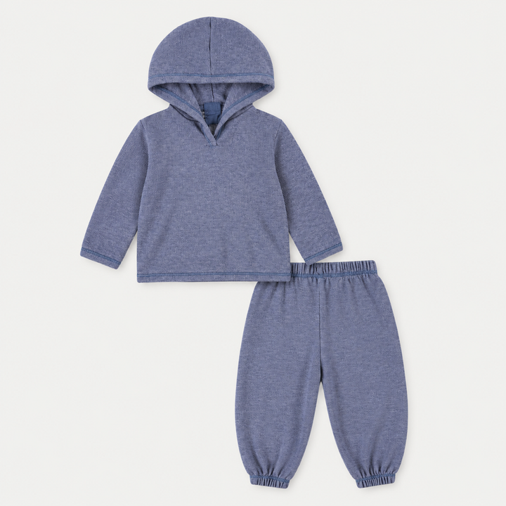 PAIGELAUREN Garment Dyed Slub Rib Hoodie and Baggy Pant Set in Blue