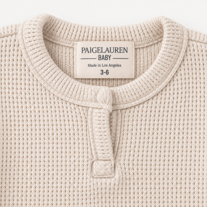 PAIGELAUREN Bone Thermal Henley Tee neckline and Made in Los Angeles label detail