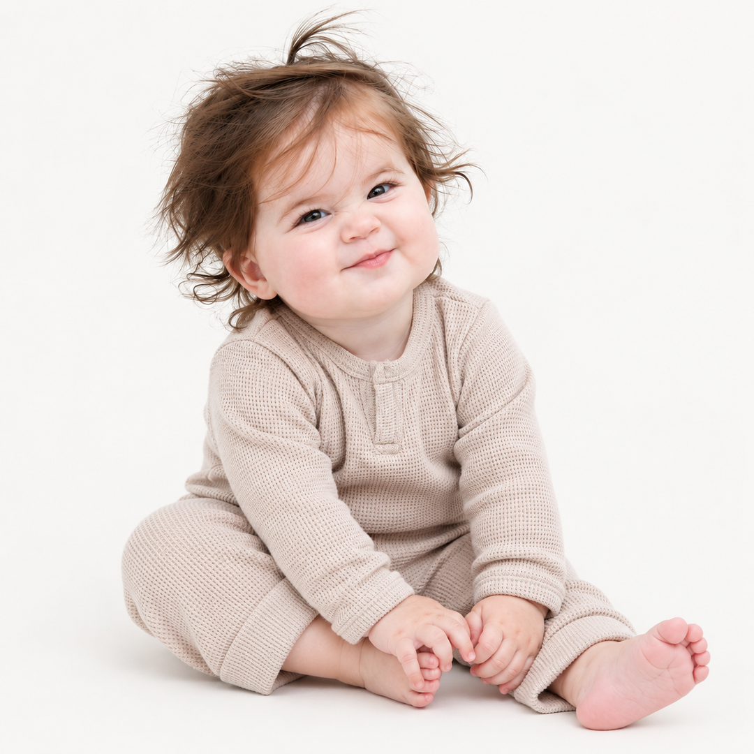 Baby sitting in PAIGELAUREN Bone Thermal Henley Tee and Legging Set