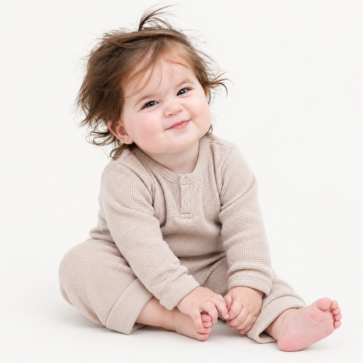 Baby sitting in PAIGELAUREN Bone Thermal Henley Tee and Legging Set