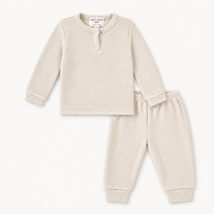PAIGELAUREN Garment Dyed Thermal Henley Tee and Legging Set in Bone