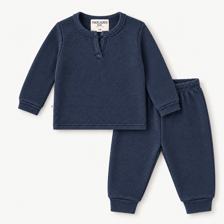 PAIGELAUREN Garment Dyed Thermal Henley Tee and Legging Set in Navy