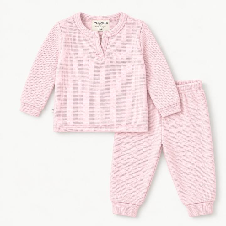 PAIGELAUREN Garment Dyed Thermal Henley Tee and Legging Set in Pink