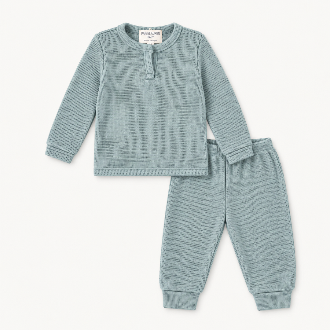 PAIGELAUREN Garment Dyed Thermal Henley Tee and Legging Set in Sage