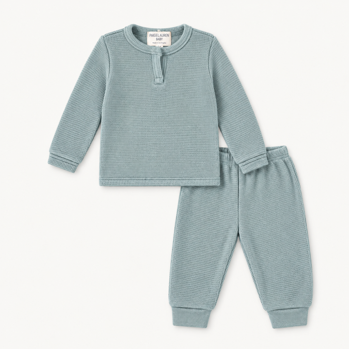 PAIGELAUREN Garment Dyed Thermal Henley Tee and Legging Set in Sage