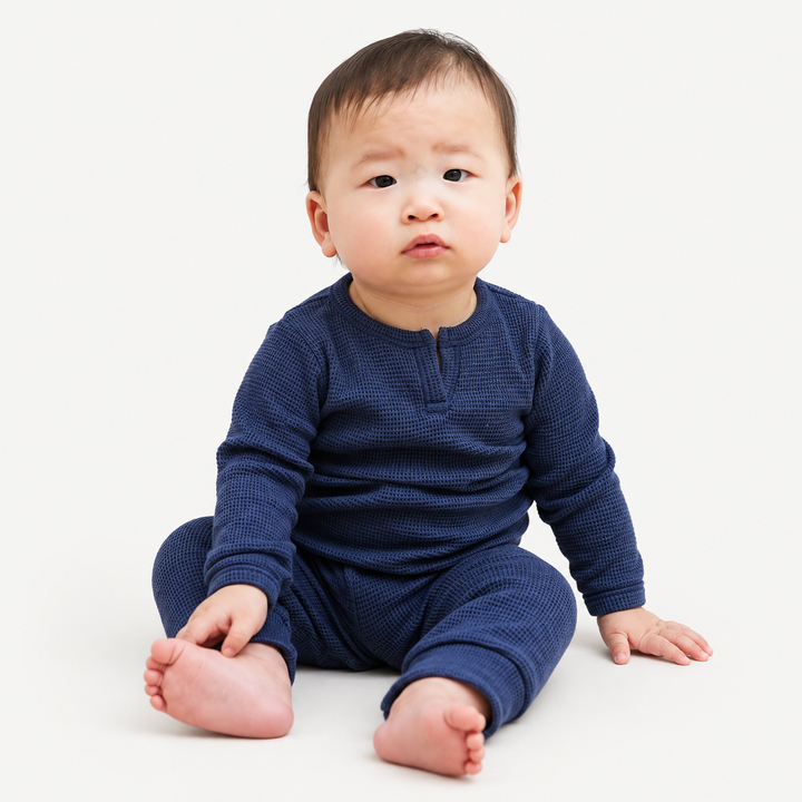 Baby in PAIGELAUREN Navy Thermal Henley Tee and Legging Set