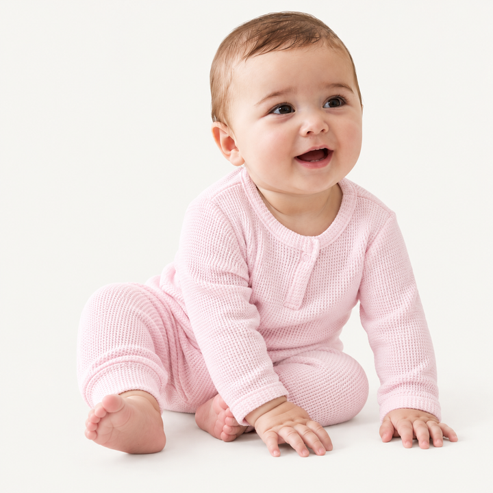 Baby wearing PAIGELAUREN Pink Garment Dyed Thermal Henley Tee and Legging Set