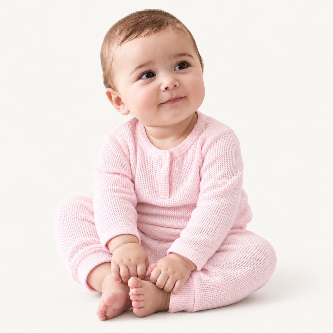 Baby in PAIGELAUREN Pink Thermal Henley Tee and Legging Set