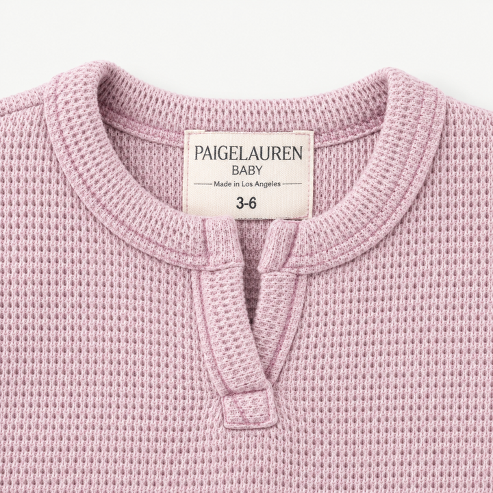 PAIGELAUREN Lilac Thermal Henley Tee neckline and Made in Los Angeles label detail