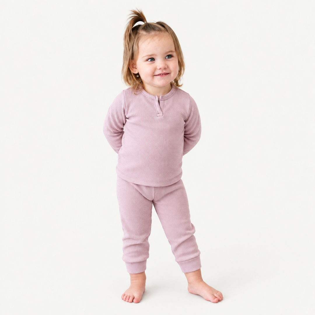 Toddler wearing PAIGELAUREN Garment Dyed Thermal Henley Tee and Legging Set in Lilac