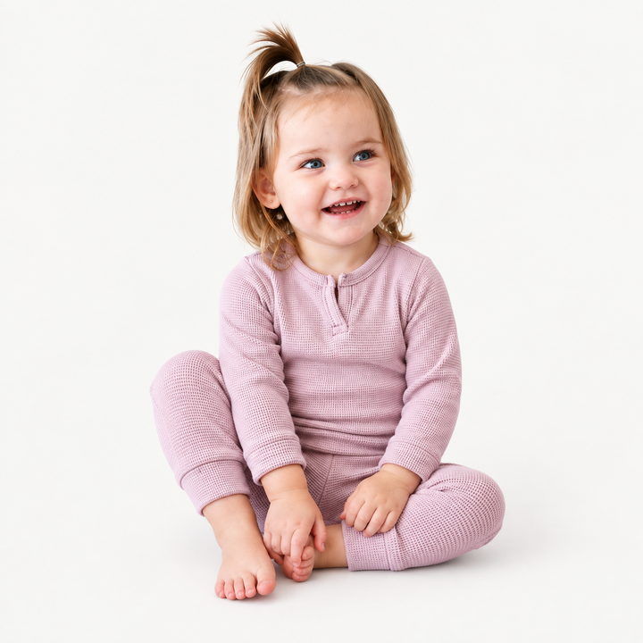 Toddler sitting in PAIGELAUREN Lilac Thermal Henley Tee and Legging Set