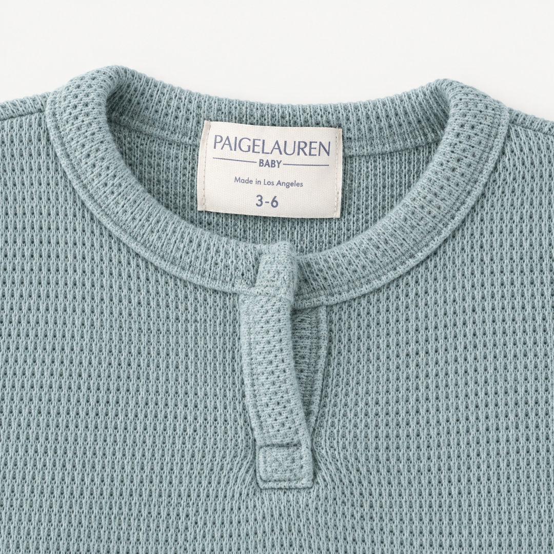 PAIGELAUREN Sage Thermal Henley Tee neckline and Made in Los Angeles label detail