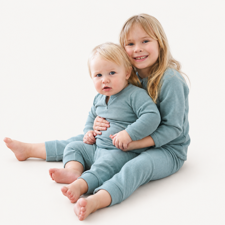 Baby and Toddler wearing PAIGELAUREN Sage Thermal Henley Tee and Legging Sets
