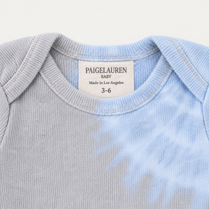 PAIGELAUREN Gray Blue Tie Dye Ribbed Lap Tee envelope neckline and label detail
