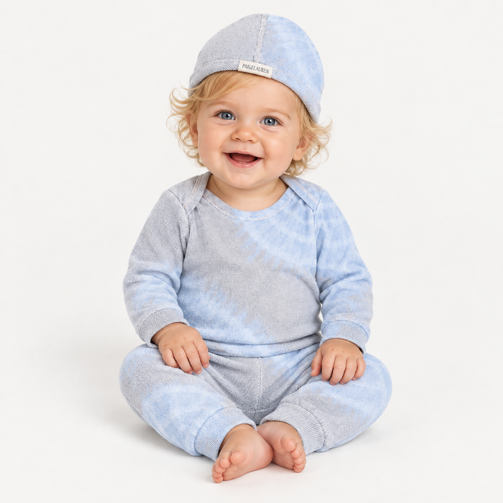Baby wearing PAIGELAUREN Gray Blue Tie Dye Ribbed Lap Tee and Legging Set