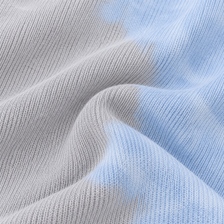 Close-up of PAIGELAUREN fine ribbed knit in Gray Blue Tie Dye