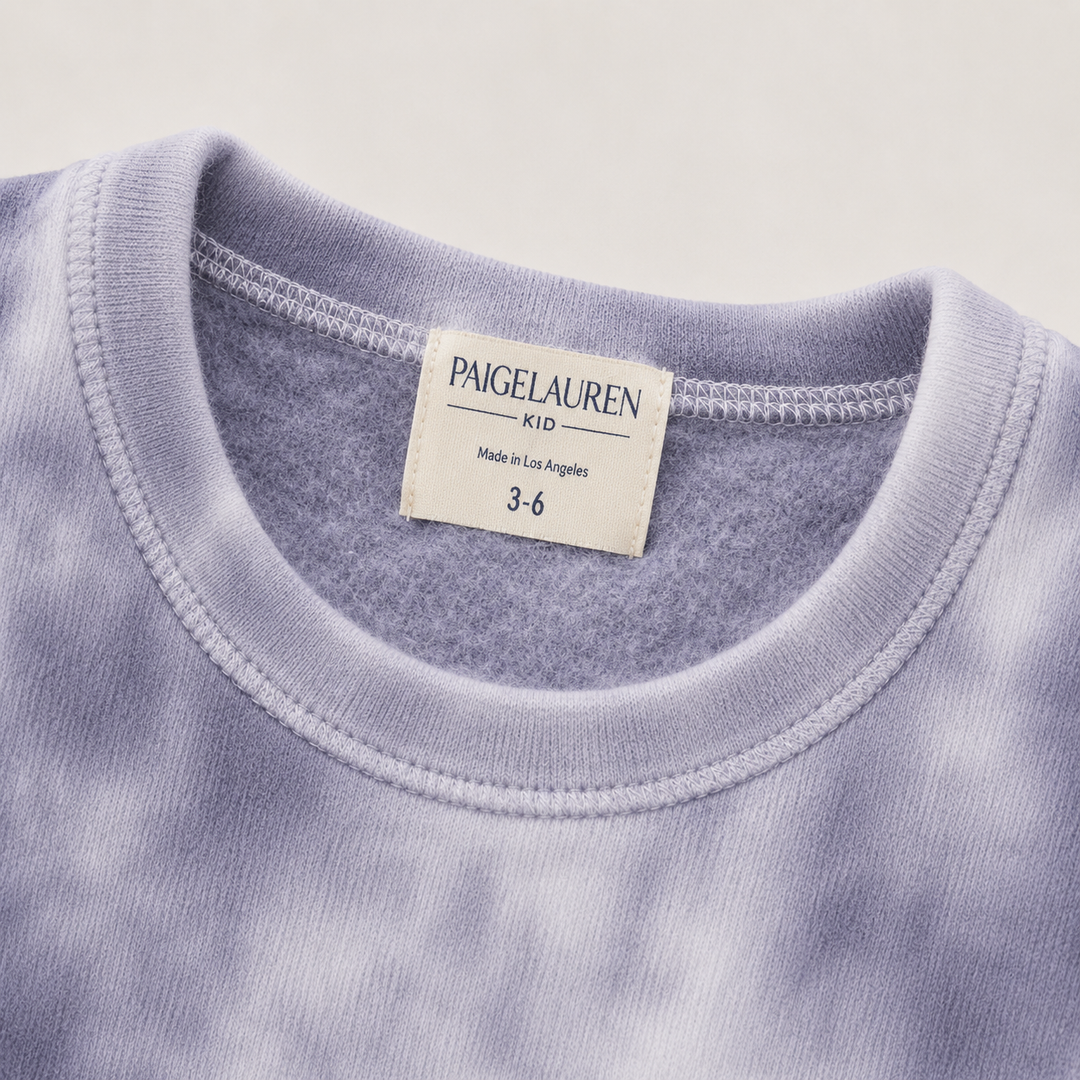 Gray Brushed Hacci Tie Dye pullover neck and PAIGELAUREN label detail