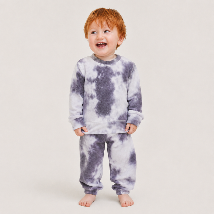 Toddler wearing PAIGELAUREN Gray Brushed Hacci Tie Dye Pullover and Pant Set