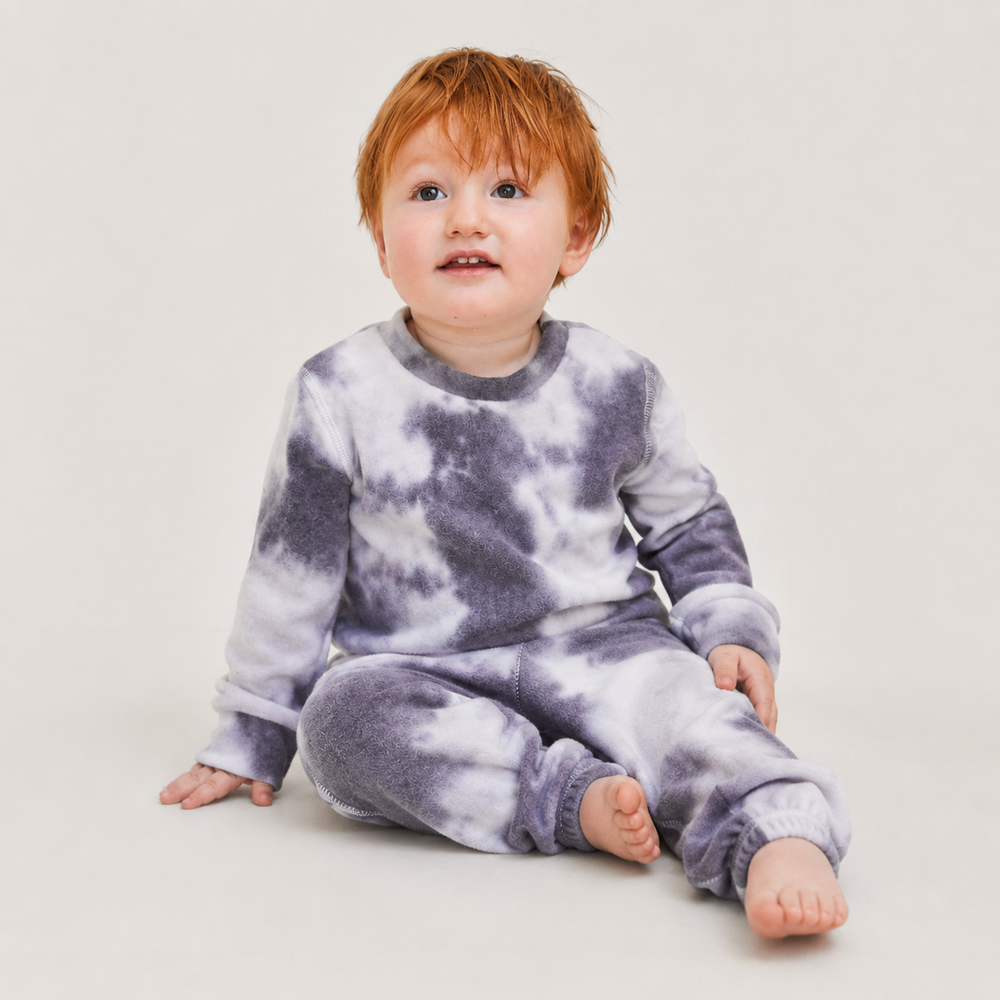 Toddler wearing PAIGELAUREN Gray Brushed Hacci Tie Dye Pullover and Pant Set
