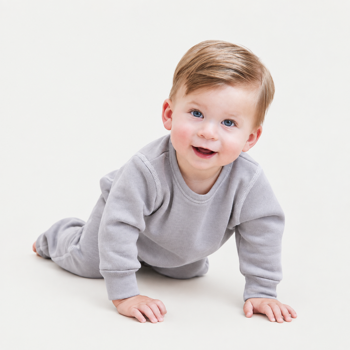 Baby in PAIGELAUREN soft Gray Fleece Sweatshirt and Sweatpant Set