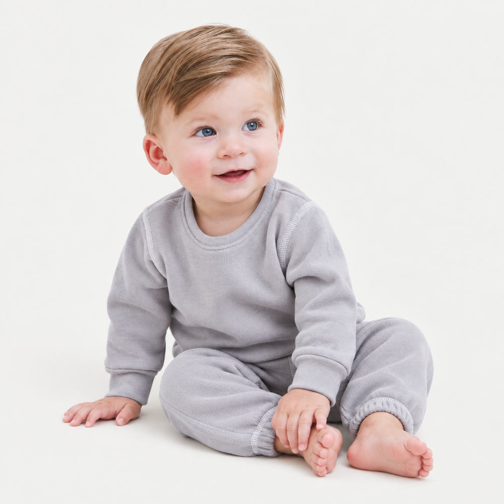 Baby wearing PAIGELAUREN Gray Fleece Sweatshirt and Sweatpant Set