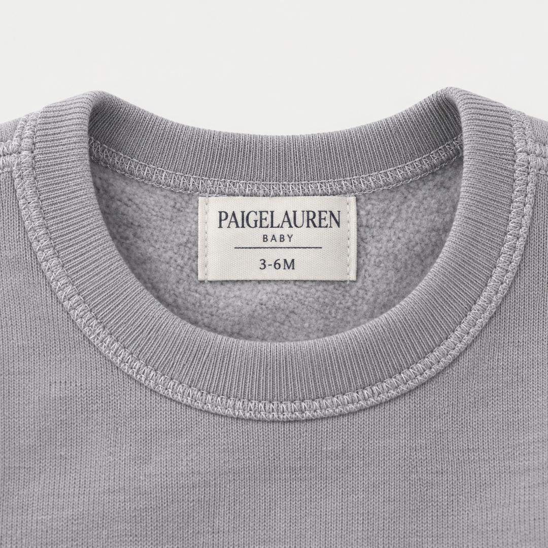 PAIGELAUREN Gray Fleece Sweatshirt crewneck, label and interior fleece detail
