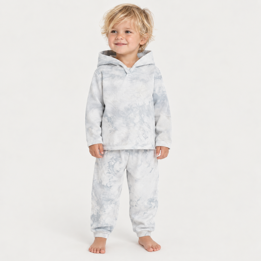 Toddler wearing PAIGELAUREN Gray Marble Stripe Hoodie + Pant Set