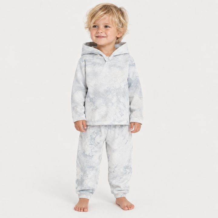 Toddler wearing PAIGELAUREN Gray Marble Stripe Hoodie + Pant Set