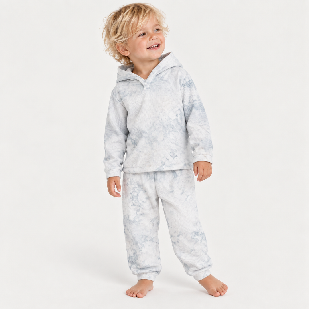 Toddler modeling PAIGELAUREN Gray Marble Stripe Hoodie + Pant Set