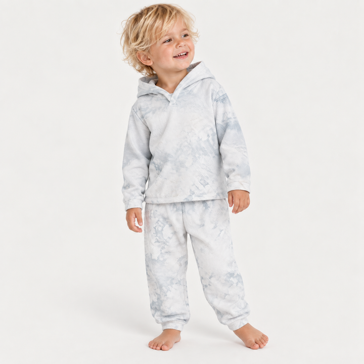Toddler modeling PAIGELAUREN Gray Marble Stripe Hoodie + Pant Set