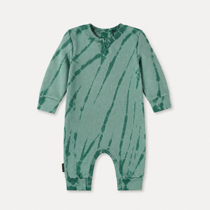 PAIGELAUREN green Ribbed Tonal Tie Dye Henley Romper made in Los Angeles.