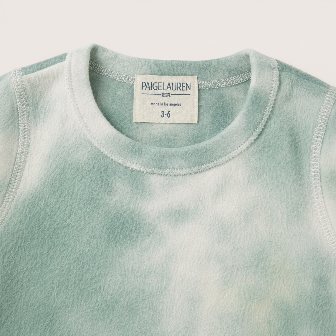PAIGELAUREN Brushed Hacci Green Tie Dye pullover neck and label detail