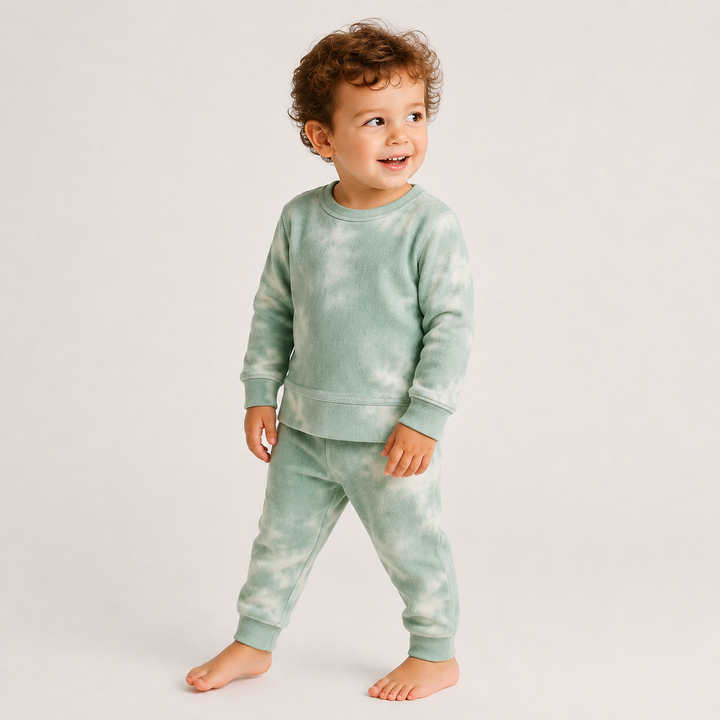 Toddler wearing PAIGELAUREN Brushed Hacci Green Tie Dye Pullover and Pant Set