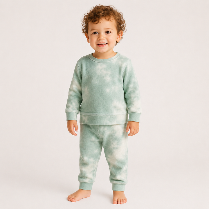 Toddler modeling the PAIGELAUREN Brushed Hacci Green Tie Dye Pullover and Pant Set