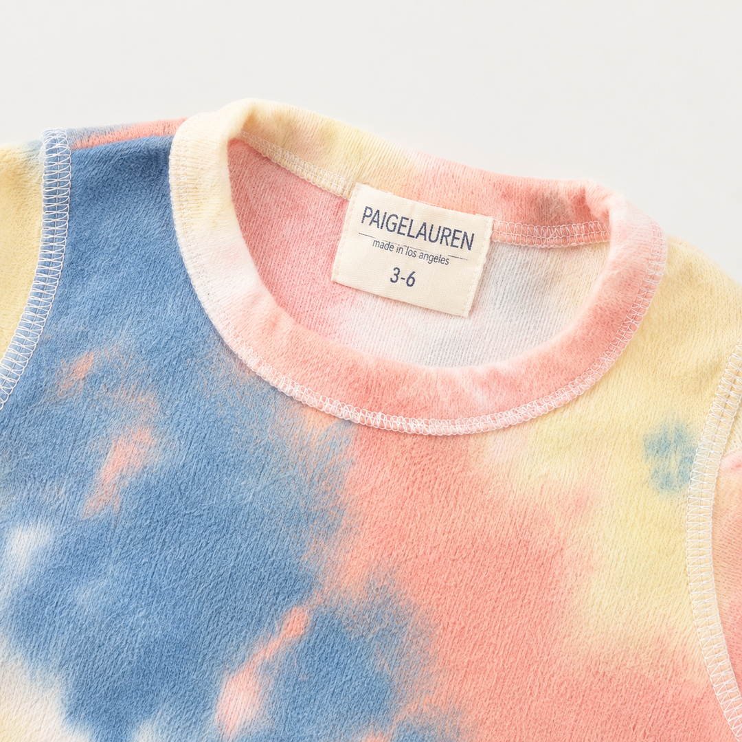 PAIGELAUREN Brushed Hacci Multi Tie Dye pullover neck and label detail