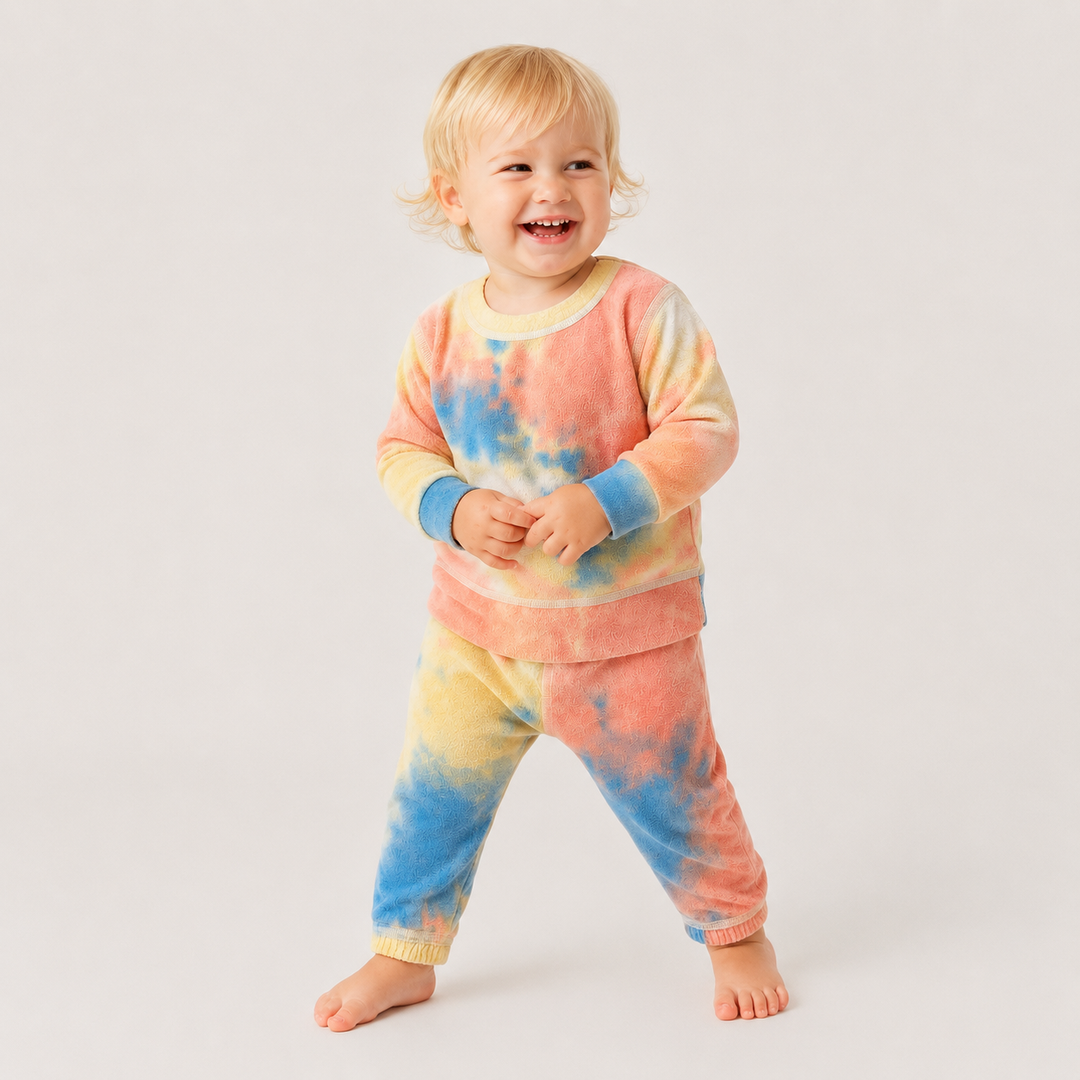 Toddler wearing PAIGELAUREN Brushed Hacci Multi Tie Dye Pullover and Pant Set