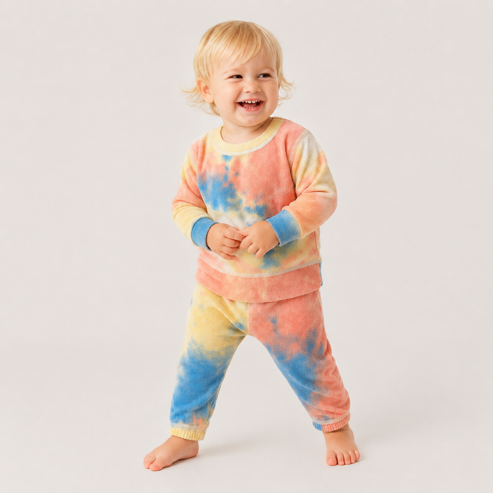 Toddler wearing PAIGELAUREN Brushed Hacci Multi Tie Dye Pullover and Pant Set