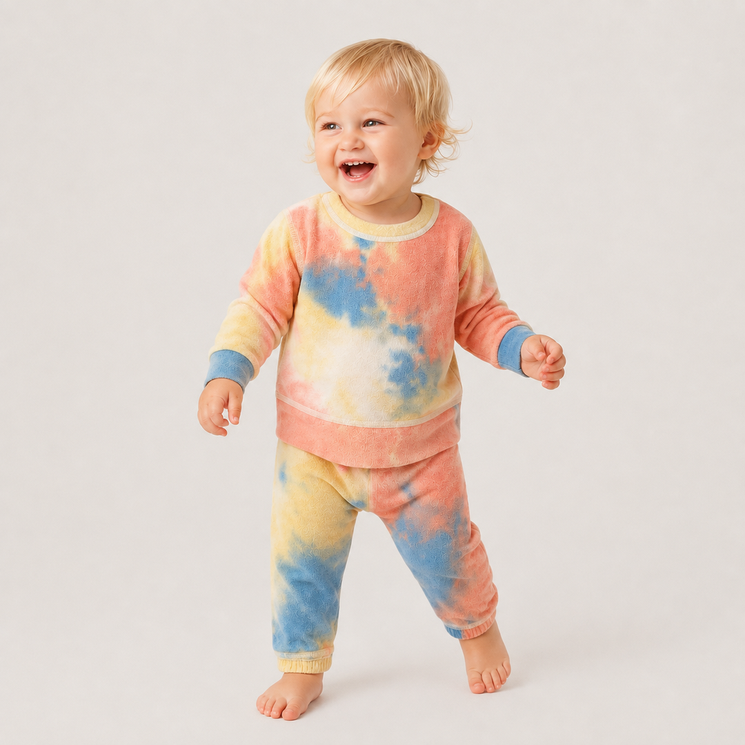 Toddler modeling the PAIGELAUREN Brushed Hacci Multi Tie Dye Pullover and Pant Set