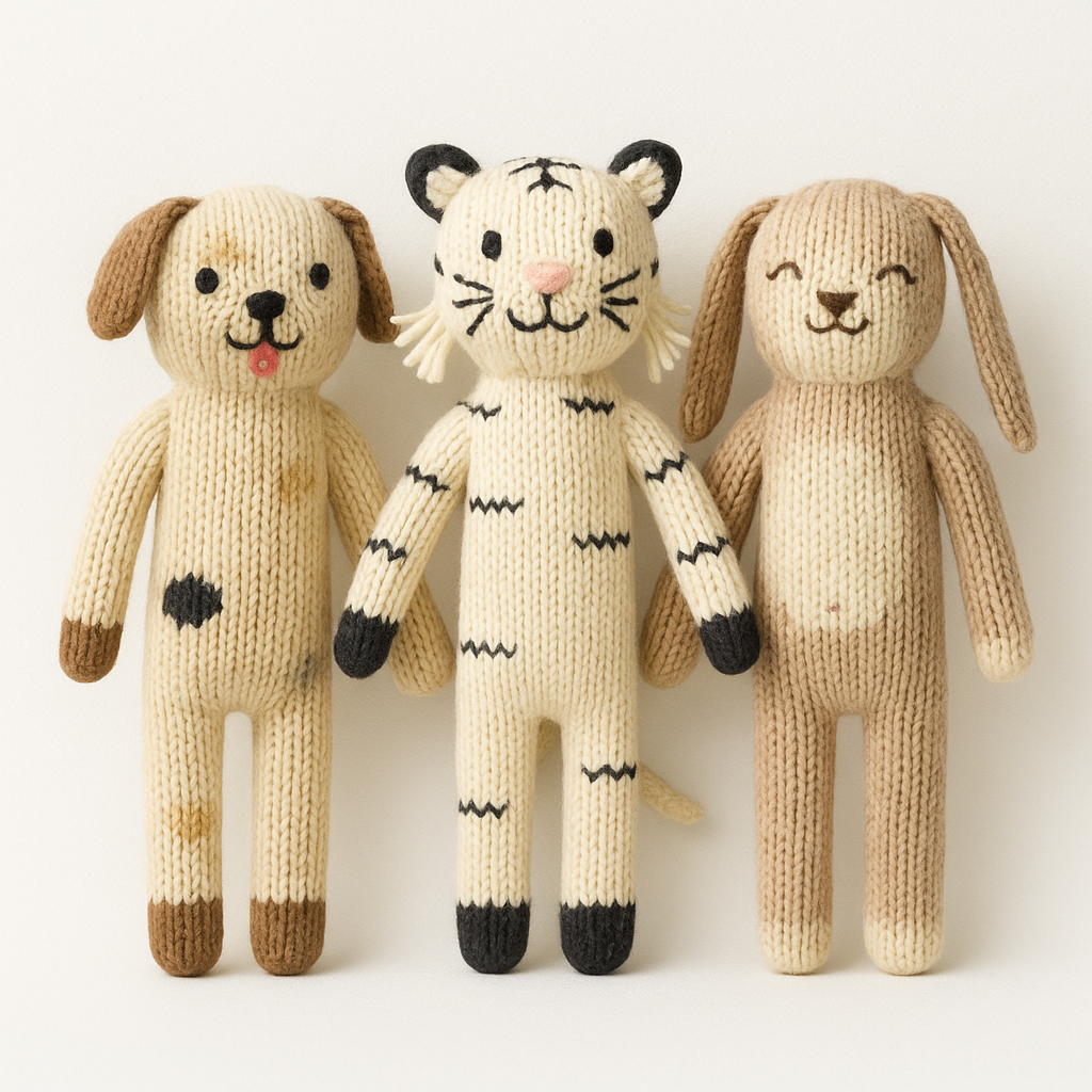 PAIGELAUREN hand knit baby friends featuring dog, cat and bunny toys in soft neutral colors
