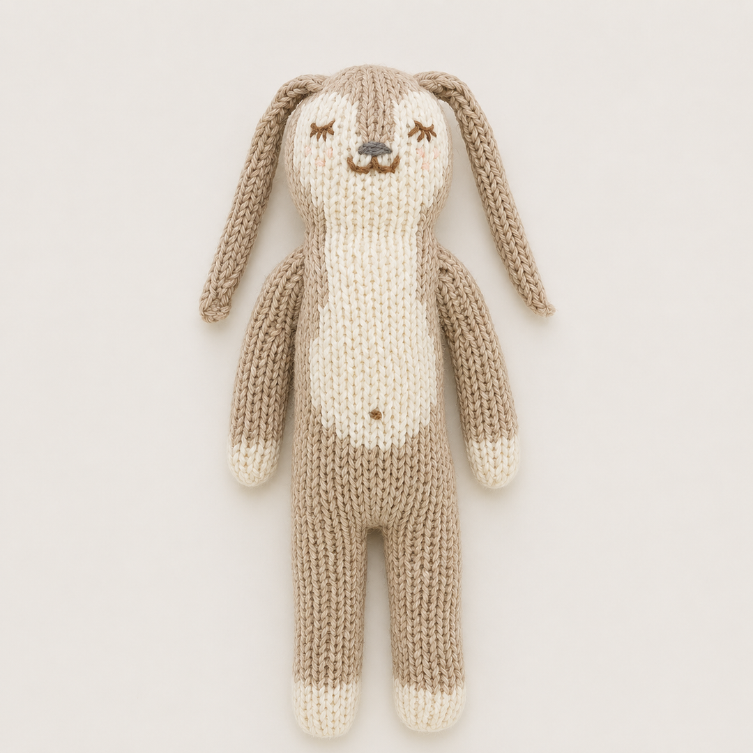 Hand knit bunny baby toy in taupe and cream with long floppy ears