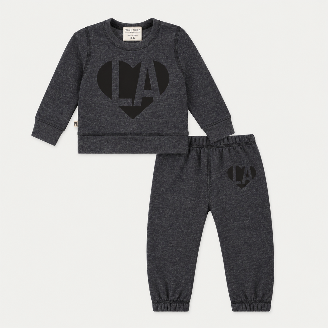 PAIGELAUREN Fleece Puffed Heart LA Sweat Set in Heathered Black