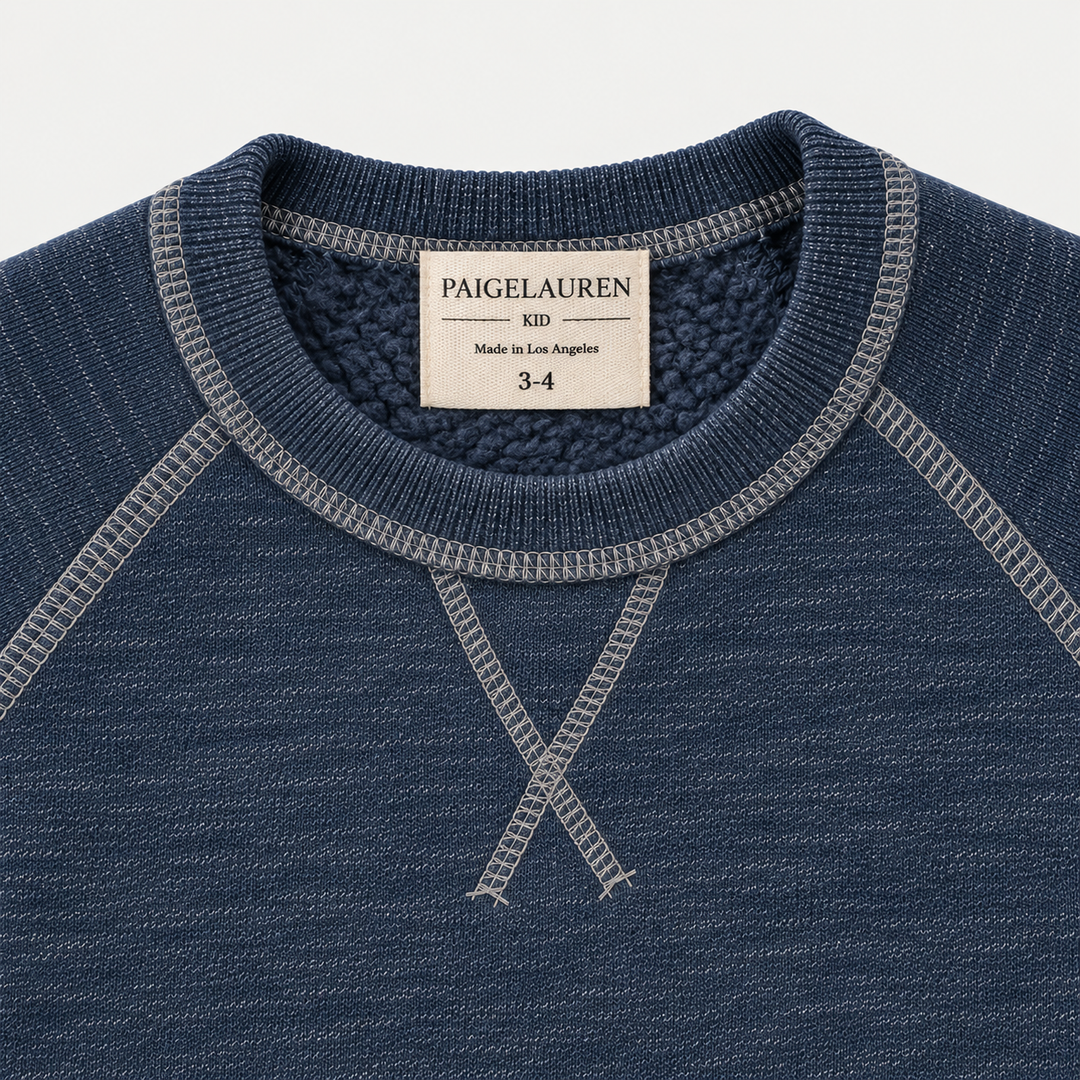 Heathered Blue Vintage Sherpa sweatshirt neckline, raglan seams and triangle detail