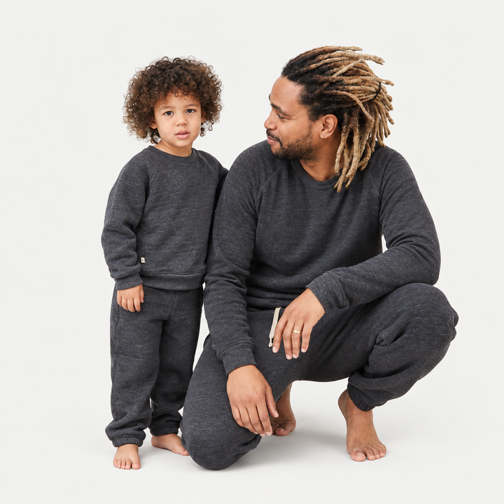 Dad wearing PAIGELAUREN Heathered Charcoal Vintage Fleece Sweatshirt and Sweatpant Set