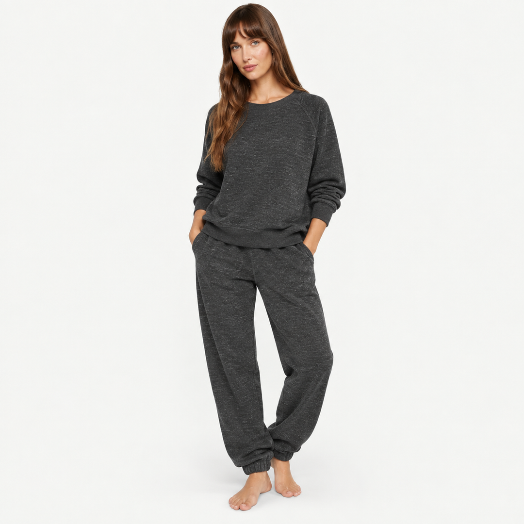 Mom wearing PAIGELAUREN Heathered Charcoal Vintage Fleece Sweatshirt and Sweatpant Set
