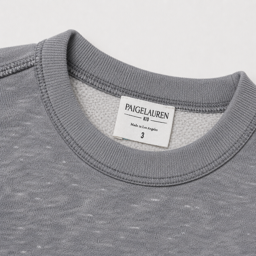 Close-up of PAIGELAUREN Heathered Gray fleece sweatshirt neckline, topstitching and soft fleece interior