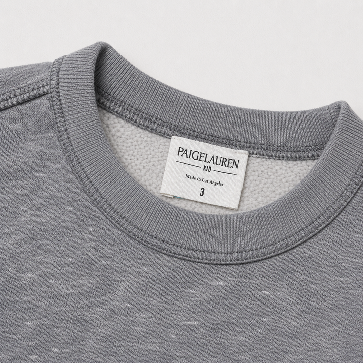 Close-up of PAIGELAUREN Heathered Gray fleece sweatshirt neckline, topstitching and soft fleece interior