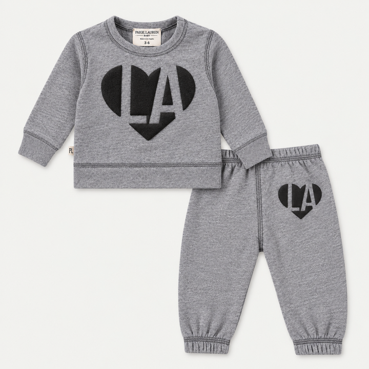 PAIGELAUREN Fleece Puffed Heart LA Sweat Set in Heathered Gray