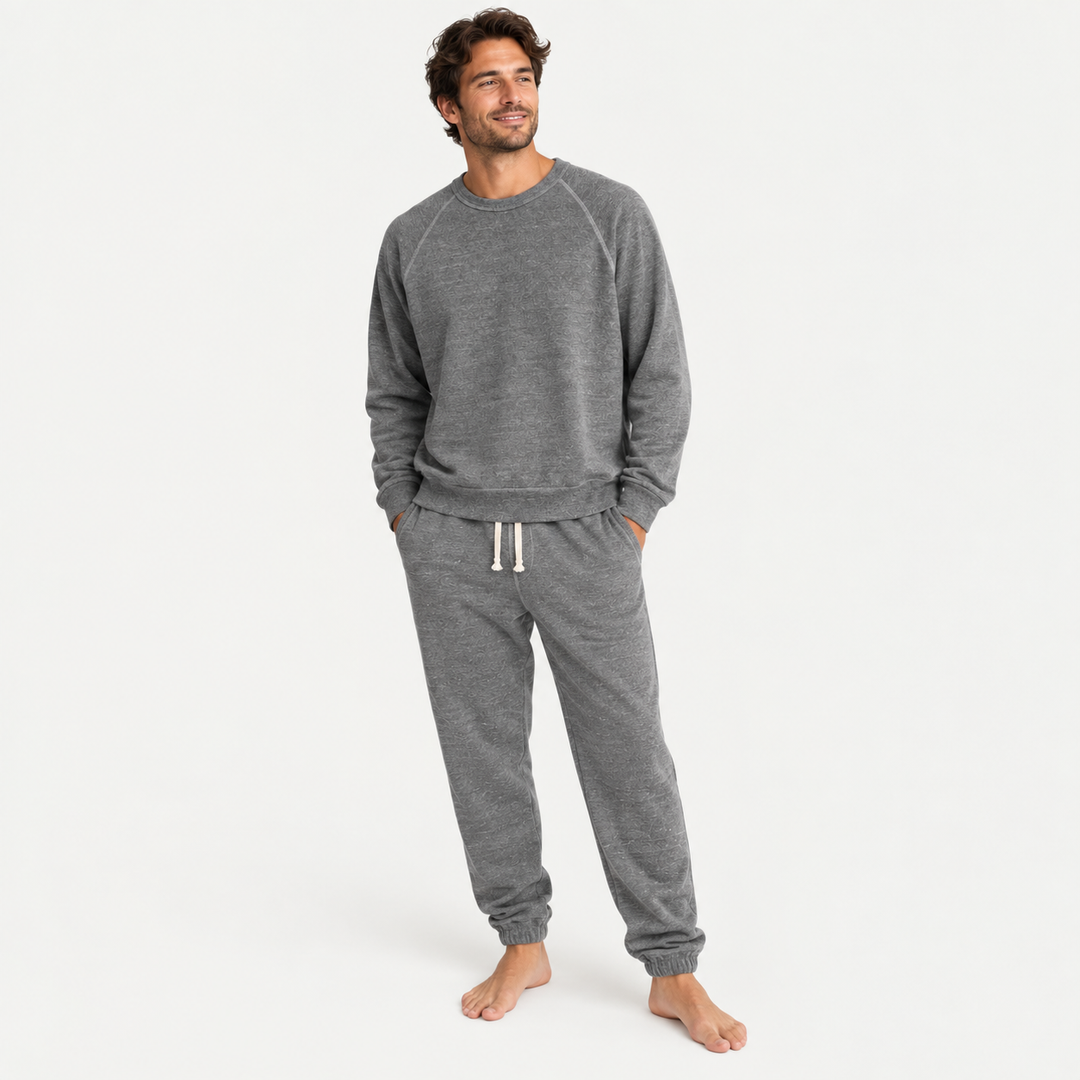 Dad wearing PAIGELAUREN Heathered Gray Vintage Fleece Sweatshirt and Sweatpant Set